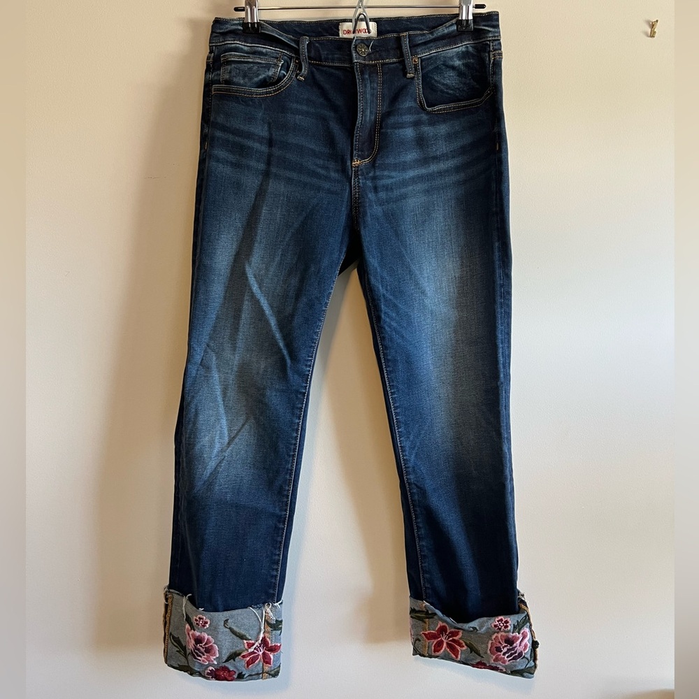 DRIFTWOOD Dark Blue Jeans with Floral Embroidery